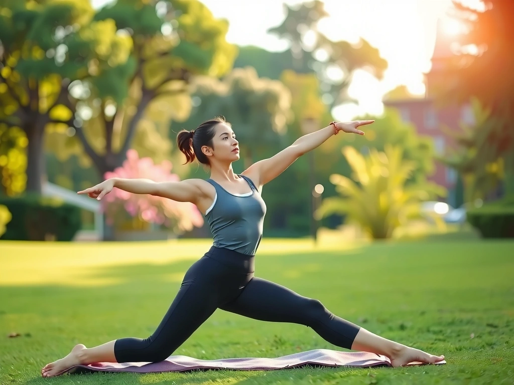 A person stretching in a sunny outdoor setting, symbolizing natural energy boost.