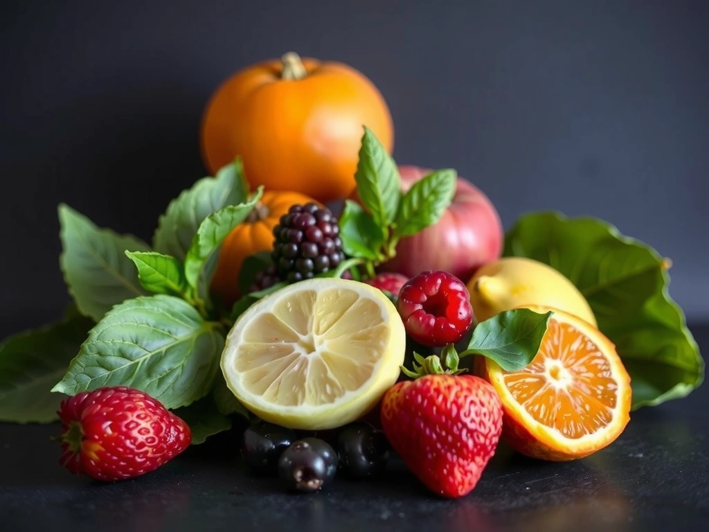 Various colorful fruits and vegetables arranged artfully, representing healthy eating for beauty.