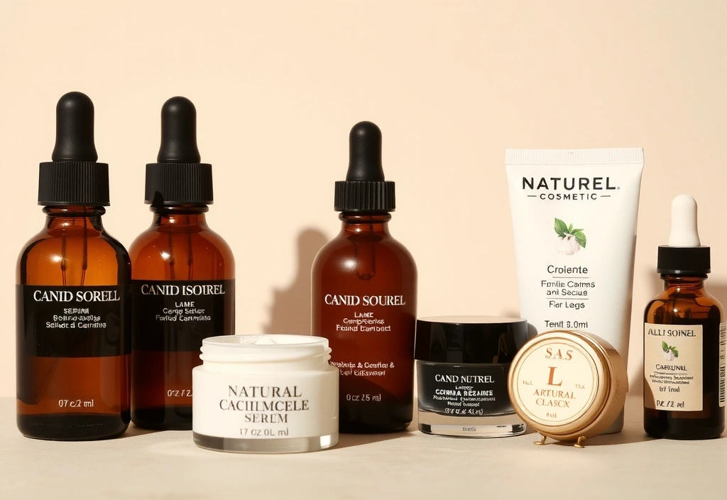 Elegant arrangement of cosmetic products like serums, creams, and natural makeup